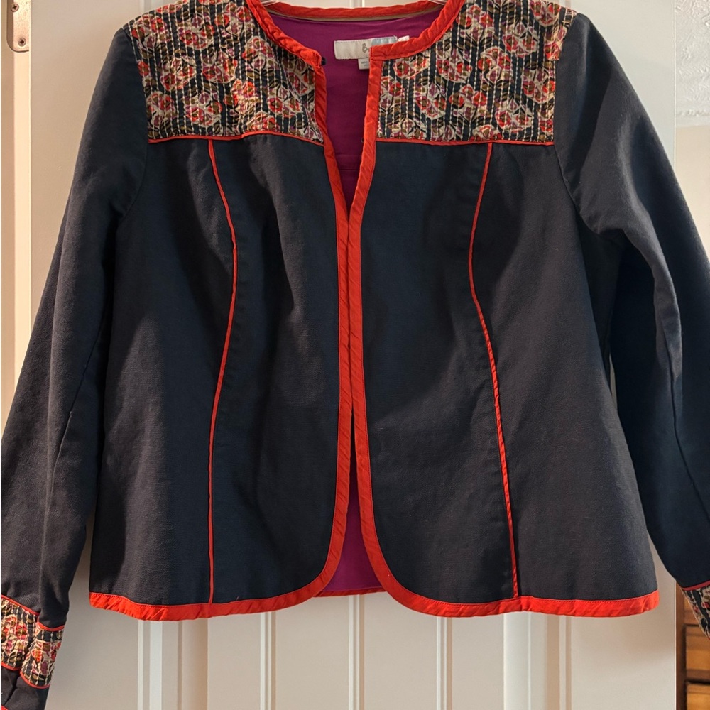 Boden Black Blazer with Red Trim and Patterned Details
